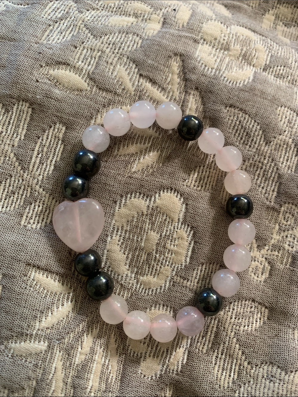 Rose Quartz Heart Stretch Bracelet - Pink and Black Beaded Bracelet